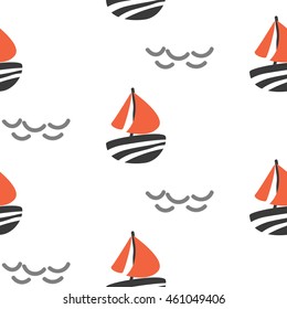 Sailboat seamless kid vector pattern in scandinavian style. Boat and waves cute baby textile fabric surface red and blue background.