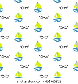 Sailboat seamless kid vector pattern in scandinavian style. Boat and waves cute baby textile fabric green and blue surface background.