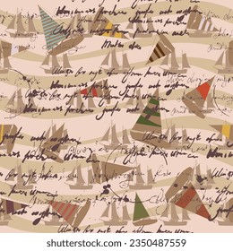 Sailboat seamless pattern, unreadable text, handwritten notes, palm, sunset, vector illustration