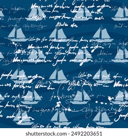 Sailboat seamless pattern, unreadable text, handwritten notes, palm, sunset, vector illustration