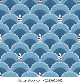 Sailboat seamless vector pattern on traditional wave background,nautical pattern