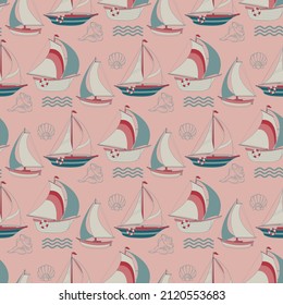 Sailboat, seashell and wave. Seamless pattern with cartoon yacht. Vector