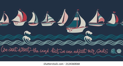 Sailboat, seashell and wave. Seamless pattern with handwritten text. Vector.