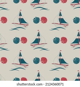 Sailboat, seashell and wave. Seamless pattern with cartoon yacht. Vector