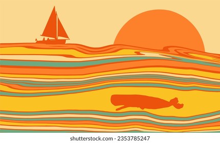 A sailboat is seen on colorful churning water at sea at sunset and a whale is seen below the boat in a colorful illustration about yachting or sailing.