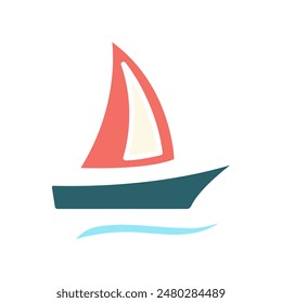 Sailboat set icon. Tan boat, red and green sails, blue waves, maritime, sailing, nautical, travel, adventure, recreation, water sport.