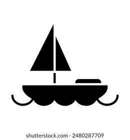 Sailboat set icon. Tan boat, red and green sails, blue waves, maritime, sailing, nautical, travel, adventure, recreation, water sport.