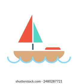 Sailboat set icon. Tan boat, red and green sails, blue waves, maritime, sailing, nautical, travel, adventure, recreation, water sport.