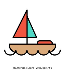 Sailboat set icon. Tan boat, red and green sails, blue waves, maritime, sailing, nautical, travel, adventure, recreation, water sport.