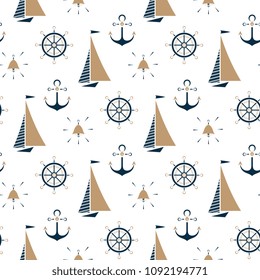 Sailboat , ship bell, nautical anchor, steering wheel seamless pattern.