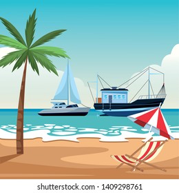 Sailboat ship marine travel vehicle machine sea exploration and fishing boat beach shore umbrella and chair with palm tree background vector illustration graphic design