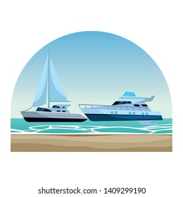Sailboat ship marine travel vehicle machine sea exploration and yatch round shore frame background vector illustration graphic design