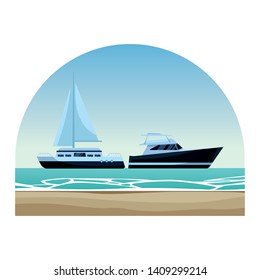 Sailboat ship marine travel vehicle machine sea exploration and yatch round shore frame background vector illustration graphic design