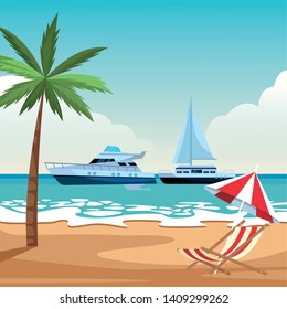 Sailboat ship marine travel vehicle machine sea exploration and yatch beach shore umbrella and chair with palm tree background vector illustration graphic design