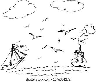 The sailboat and ship. Seagulls flying over the waves. Freehand sketch drawing for adult antistress coloring book