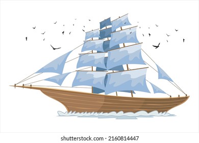 Sailboat. Shipping boat. Sailboat sailing in the ocean with seagulls flying on it