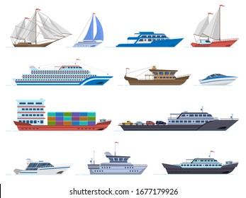 Sailboat ships. Sea transportation boats, cargo ship, yacht, sailing boat, speed boat and ocean cruise liner, sailboats isolated vector icons set. Sailboat and ship, vessel and cruise illustration