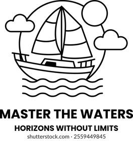 A sailboat is shown in the water with a sun in the background