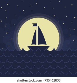 The Sailboat silhouette, full moon and stars, vector background