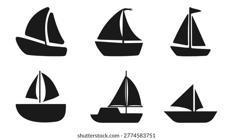 Sailboat silhouette icon set in vector style showing nautical, marine, and sailing designs. EPS Vector.