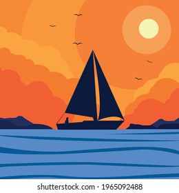 Sailboat silhouette at summer sunset, vector illustration, sailboat in the ocean, sea and ship silhouette, man sailing in a boat with sails, flat illustration. Vector