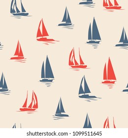 Sailboat silhouette vector seamless pattern. Marine red and blue illustration design