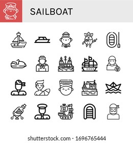 sailboat simple icons set. Contains such icons as Captain, Sailboat, Yacht, Sailor, Pirate, Boat, Motorboat, Pirate ship, Galleon, Surfer, can be used for web, mobile and logo