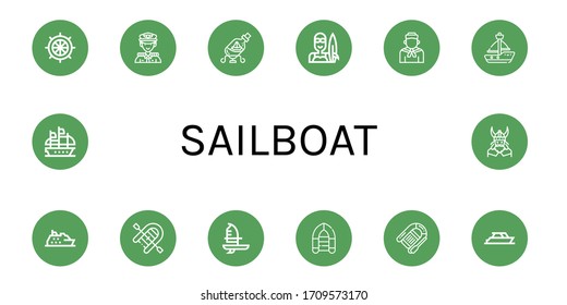 sailboat simple icons set. Contains such icons as Rudder, Captain, Ship in a bottle, Surfer, Sailor, Sailboat, Cruise, Inflatable boat, Windsurf, can be used for web, mobile and logo