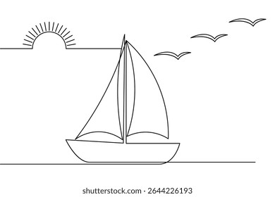Sailboat single line art drawing continuous vector isolated on white minimalist style.