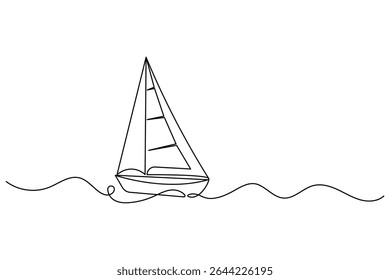 Sailboat single line art drawing continuous vector isolated on white minimalist style.