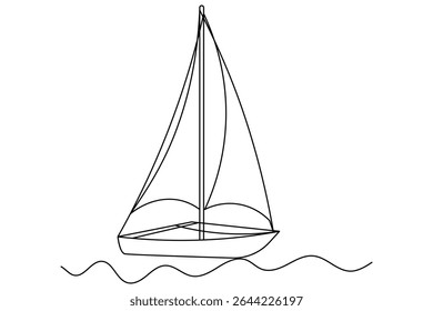 Sailboat single line art drawing continuous vector isolated on white minimalist style.