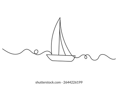 Sailboat single line art drawing continuous vector isolated on white minimalist style.