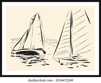 Sailboat sketch drawing. Vector poster. Living room poster, wall decoration poster   
