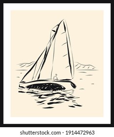 Sailboat sketch drawing. Vector poster. Living room poster, wall decoration poster   