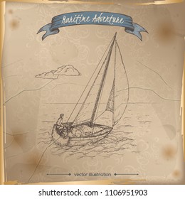 Sailboat sketch. Maritime adveture series. Great for travel ads and brochures, sailing and tourist illustrations.