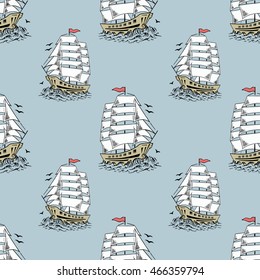 Sailboat sketch seamless pattern. Hand drawn vector illustration.