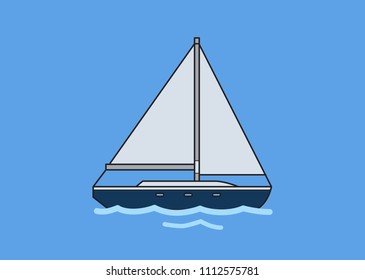 Sailboat, skipjack. Flat vector illustration. Isolated on blue background