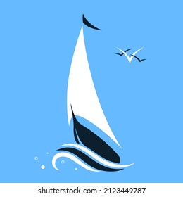 Sailboat at speed rushing through the waves. Vector flat illustration in blue, black and white colors. Minimalist trendy contemporary design. Best for web, print, logo creating and branding design.