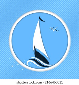 Sailboat at speed rushing through the waves. Vector paper cut illustration in blue, black and white colors. Best for web, print, logo creating and branding design.