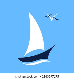 Sailboat stylized icon. Vector flat illustration in blue, black and white colors. Minimalist trendy contemporary design. Best for web, print, logo creating and branding design.