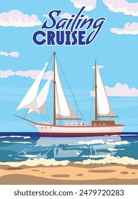 Póster de crucero de verano de velero retro, velero en el océano, mar. Crucero tropical, vacaciones de verano. Ilustración vectorial vintage