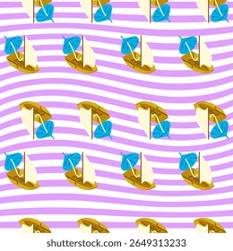 Sailboat Summer Pattern. Seamless pattern with sailboats and beach umbrellas on wavy purple background. Flat cartoon marine theme.