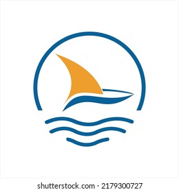 Sailboat and sun vector logo on the sea with waves