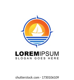 sailboat  sunset with compass in sea gradient logo design vector template