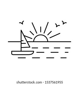 Sailboat at sunset line icon, outline vector sign, linear style pictogram isolated on white. Symbol, logo illustration. Editable stroke. Pixel perfect vector graphics