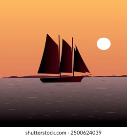 Sailboat at sunset on the ocean, simple illustration with gradient tones