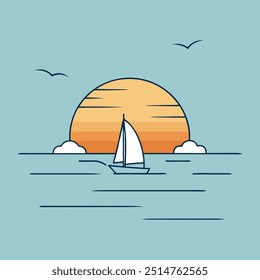 Sailboat with Sunset at the Sea for T-shirt design