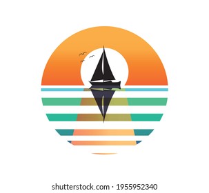 Sailboat at sunset. Ship modern vector icon.