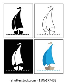 Sailboat symbol presented as pictogram, black and white, line icons and flat icons. Set of transportation icons.