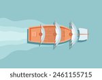 Sailboat top view vector illustration. Aerial view of ocean transport. Old wooden marine vessel with sails. Historical banner.